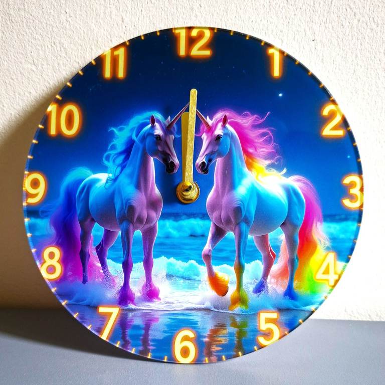 Rainbow Unicorn Silent Wall Clock - 20 cm Round Acrylic (2D)
