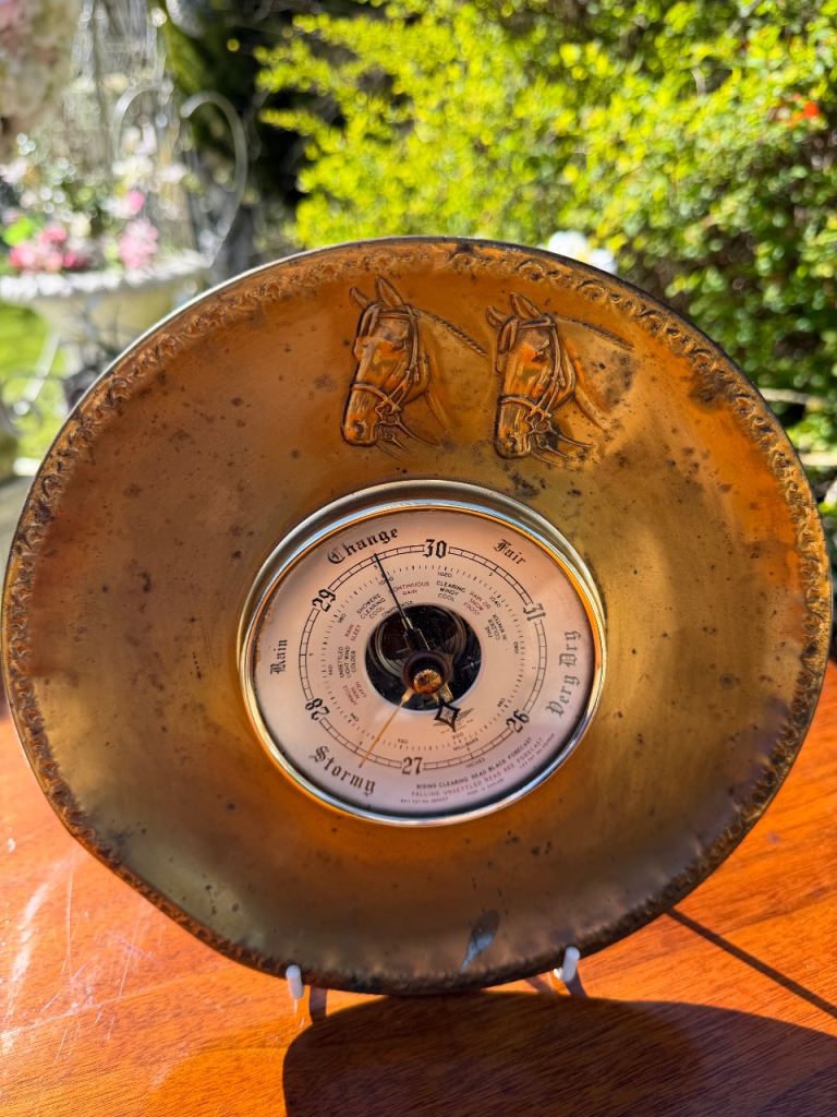 Vintage Aneroid Barometer Mid Century Brass Plate with Embossed Horse Heads.