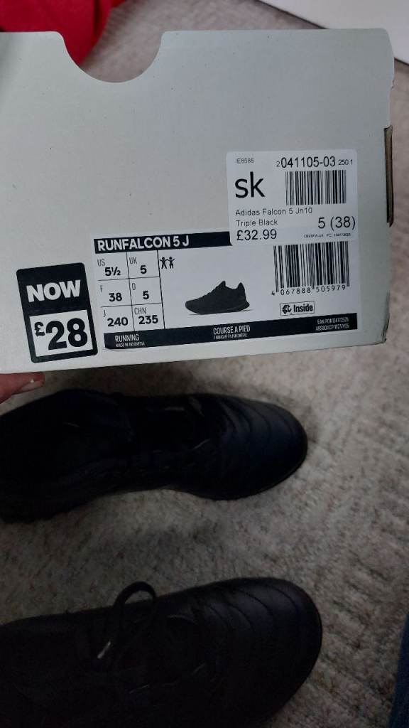 Adidas RUNFALCON 5 J Trainers – Black, UK Size 5, Brand New