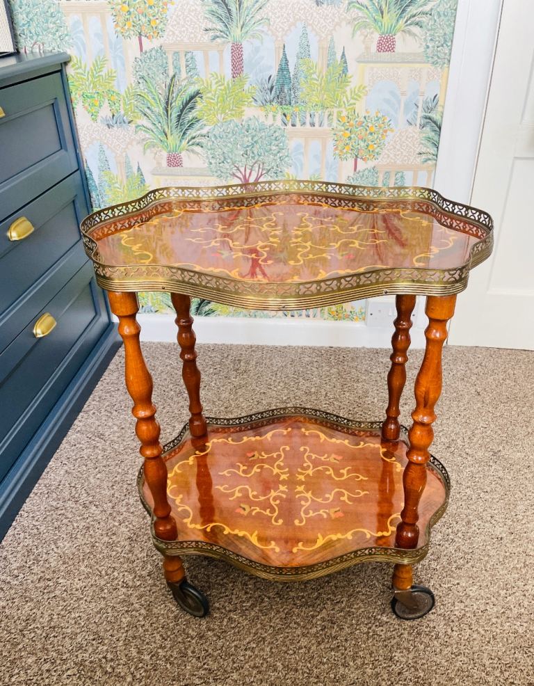Vintage Wooden Tea Trolley with Brass Trim – Good Condition