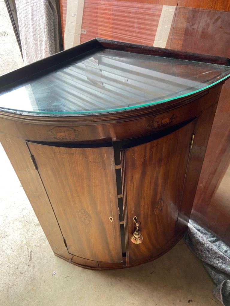 Vintage Corner Drinks Cabinet / Home Bar with Glass Top