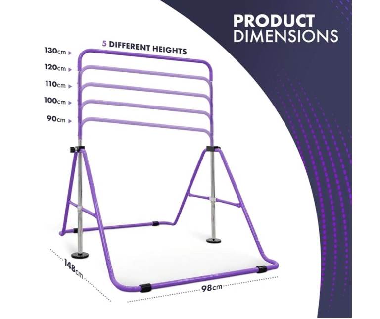 A new still boxed flat packed purple  Gymnastics Horizontal Bar for Kids with Rings. 