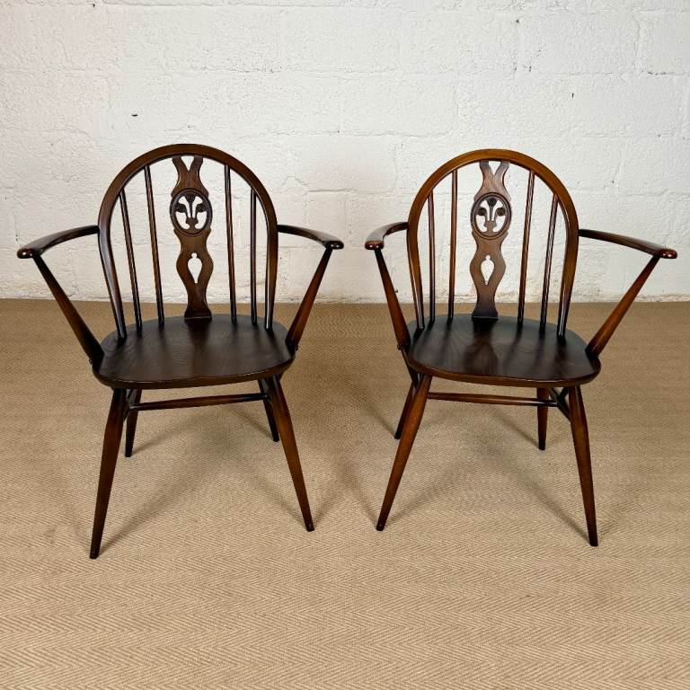 Pair Ercol Dining Chairs Vintage Model 371A Mid-Century Carvers Blue Label
