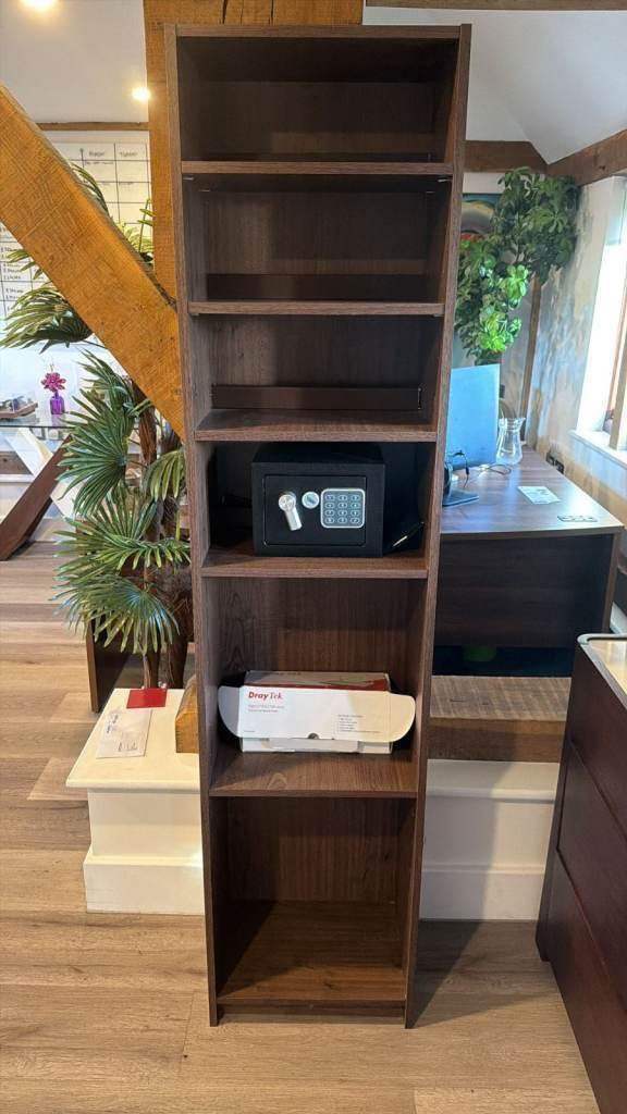 Second hand Tall Slimline Walnut Shelving (with safe) H 180cm x W 42cm x D 29cm