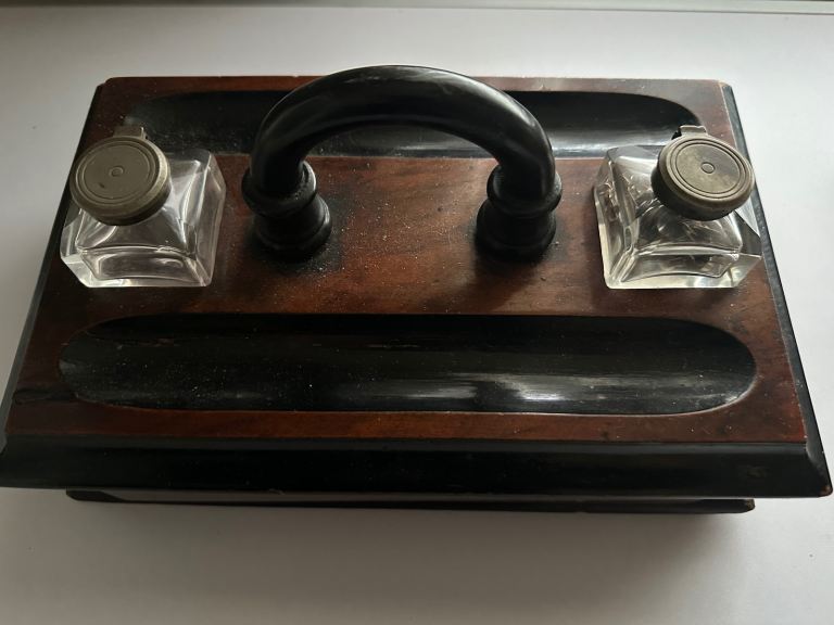 Victorian Walnut And Ebonised Wood Desk Stand/Ink Well  