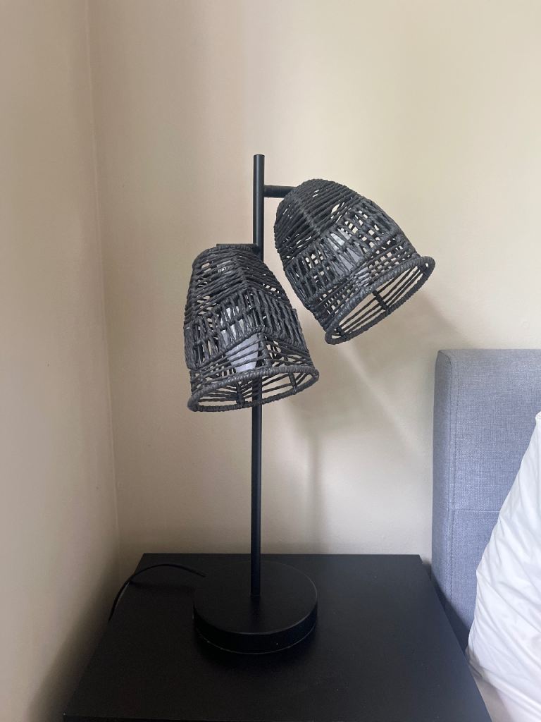 Black Rattan Boho Table Lamp – Double Shade – Excellent Condition