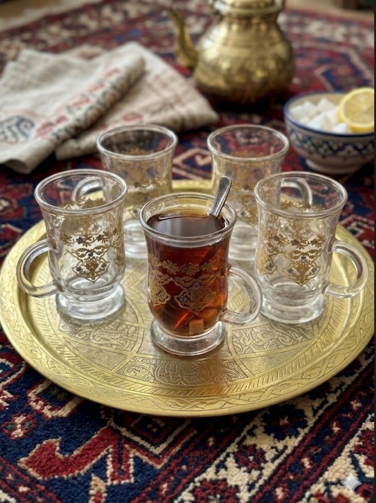 Exquisite 12" Hand-Engraved Arabic Tray & 5 Ornate Gold-Gilt Glasses