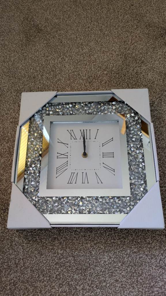 New Next Sparkly Silver Square Mirrored Wall Clock - Roman Numerals