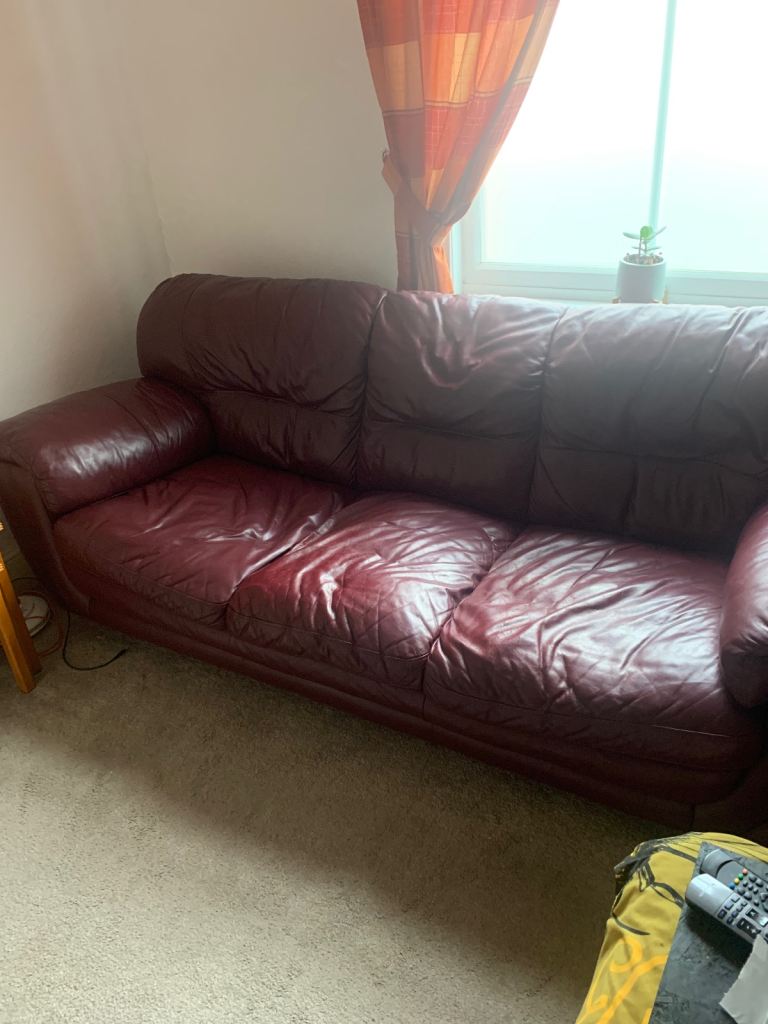 Red Leather 3-Seater Sofa – Fair Condition