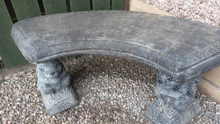 Stone Garden Bench with Animal Supports and Boots and GNOME.