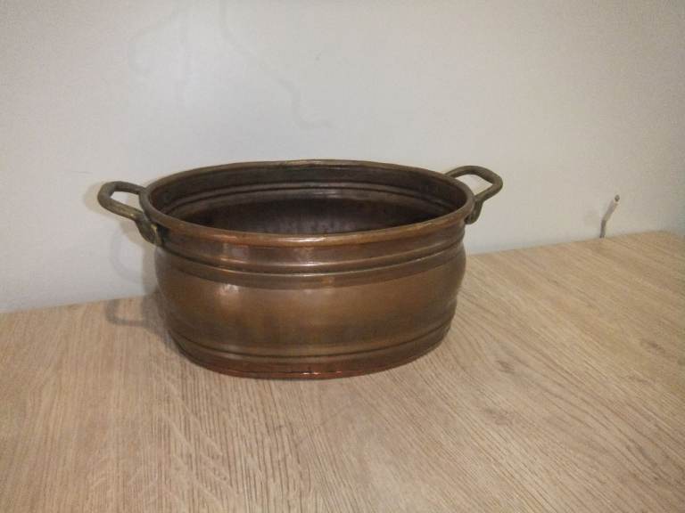 Vintage French Copper Planter Pot with 2 Brass Handles