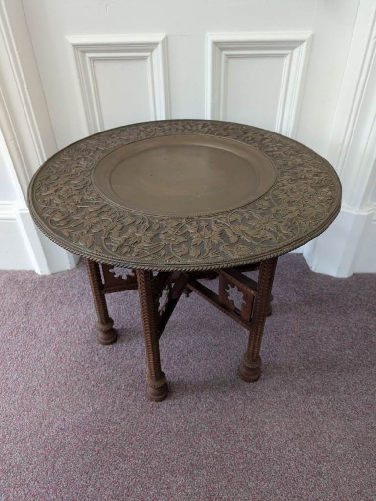 Rare Antique Decorative Tray Table with wooden carved folding base for Sale