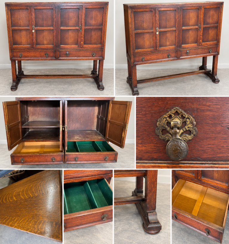 Antique Arts & Crafts Oak Sideboard / Cabinet – Beautiful Grain & Fittings