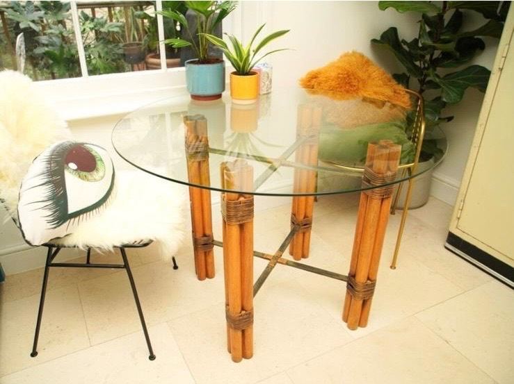 Glass Top Table with Rattan Style Legs – Good Condition