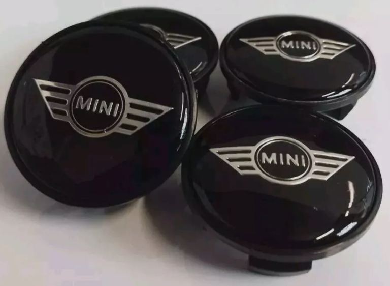 MINI LOGO CENTRE CAPS WHEEL HUB 4 X SET ALLOY BADGE EMBLEM BLACK 54mm COOPER ONE