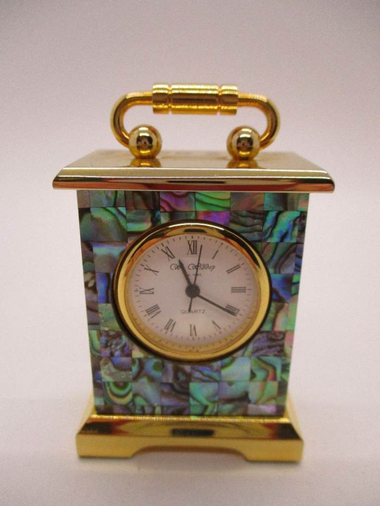 Vintage Wm Widdop Solid Brass and Abalone Shell Miniature Quartz Carriage Clock