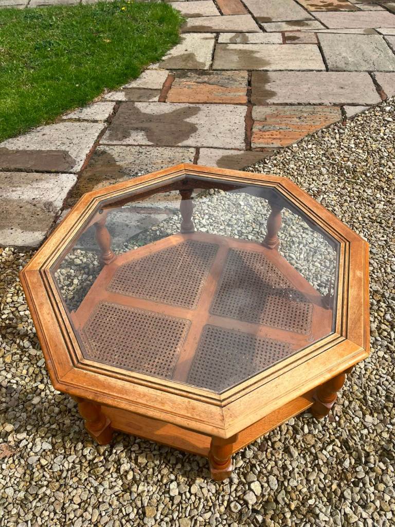 Octagonal Wooden Coffee Table with Glass Top – Good Condition