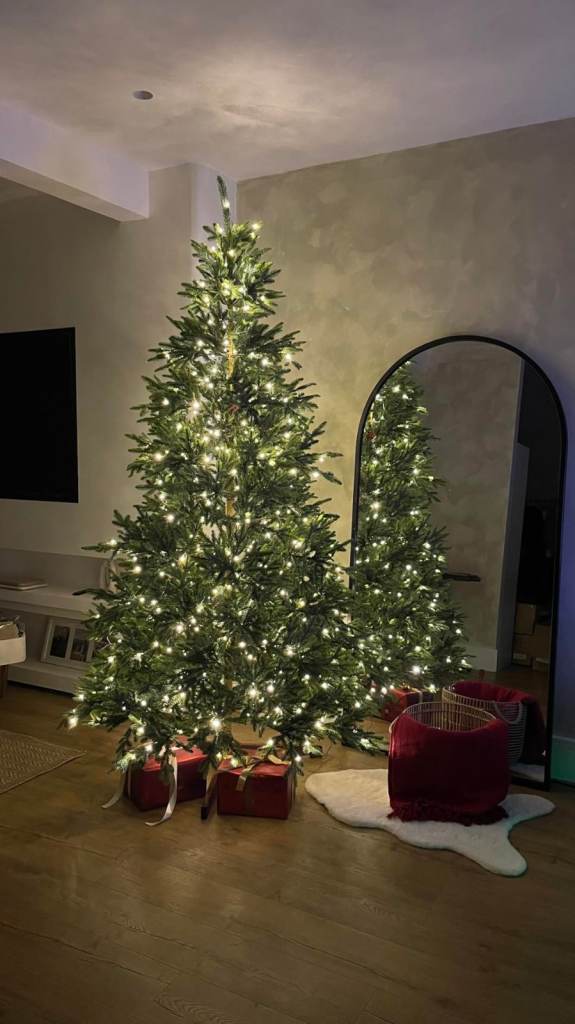 7.5FT Pre Lit Artificial Christmas Tree, Multicolor and Warm White lights, Foldable Wooden Stand