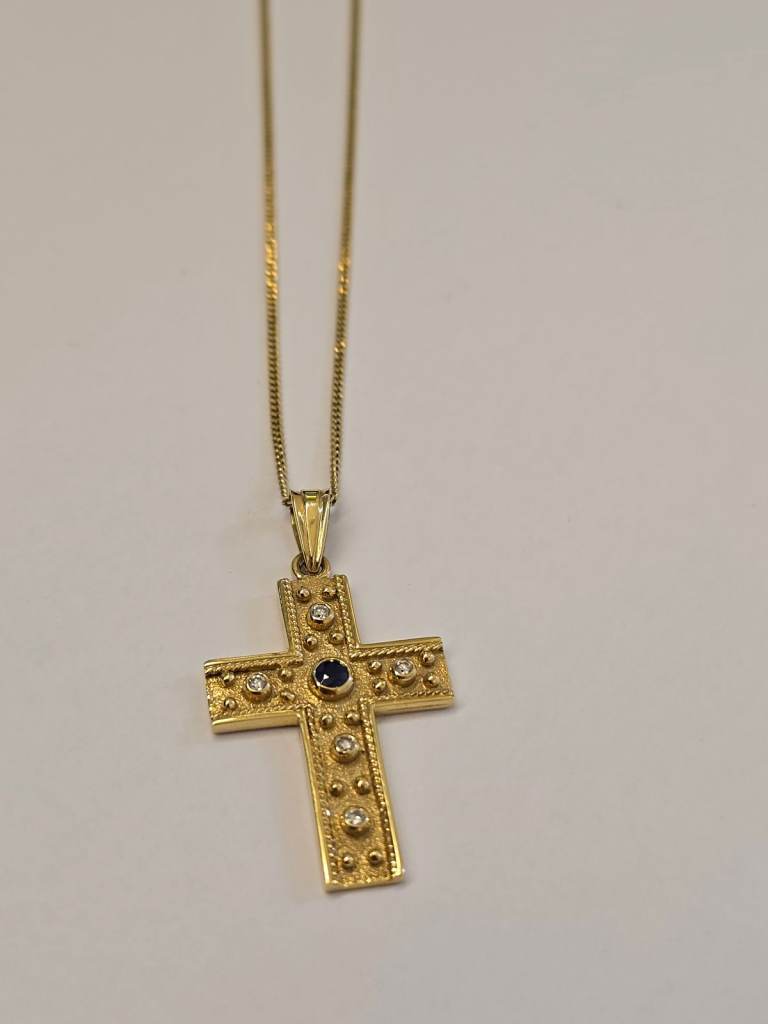 18CT GOLD 16 " CHAIN WITH DIAMOND & SAPPHIRE CROSS