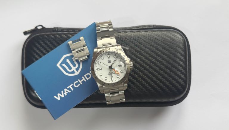 Watchdives automatic GMT V2 Explorer2 homage, box/links/card; WD16570B 