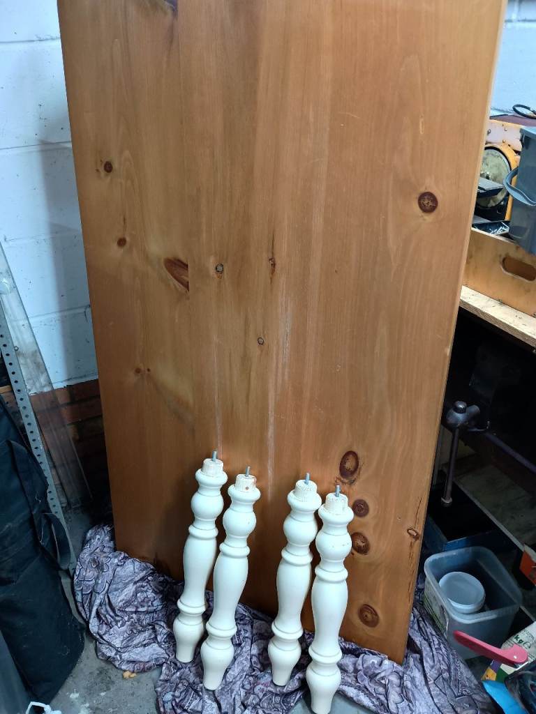 Solid Dining Table and two benches with Cream Legs – Good Condition