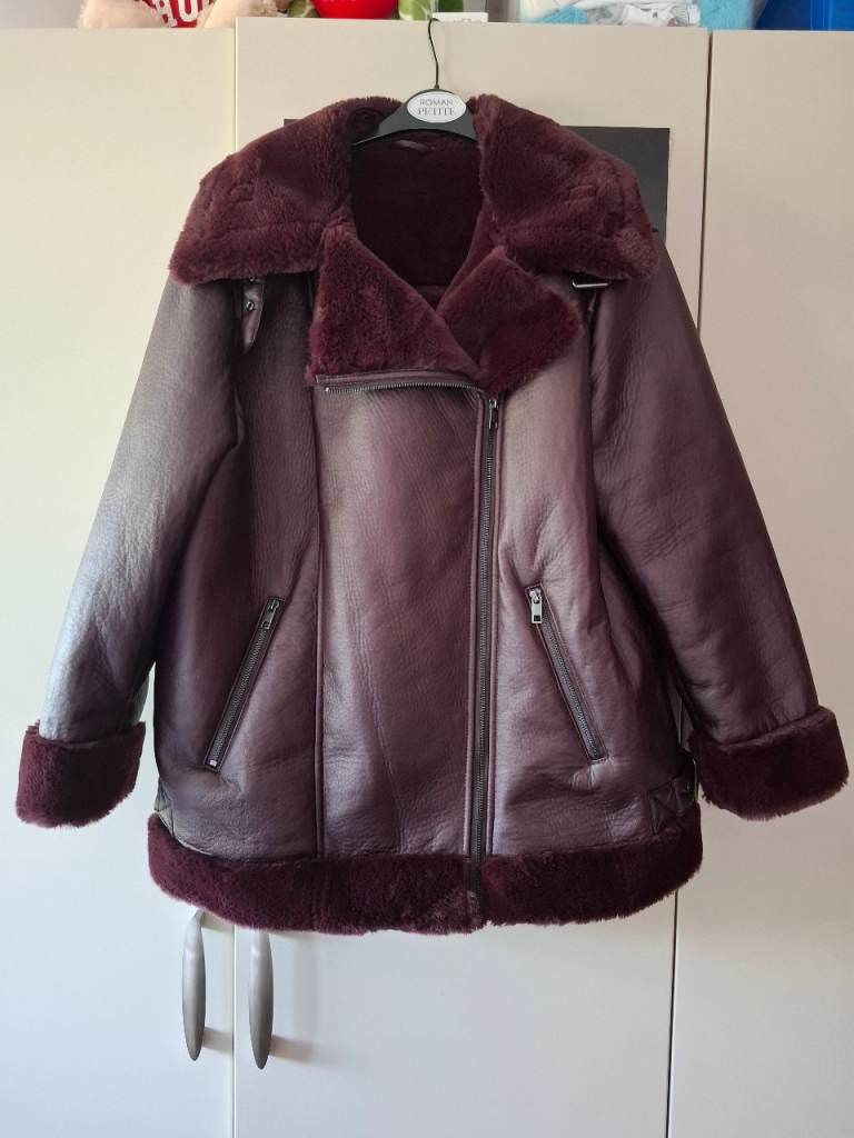 Burgundy Aviator Style Faux Leather and Faux Fur Coat – Good Condition