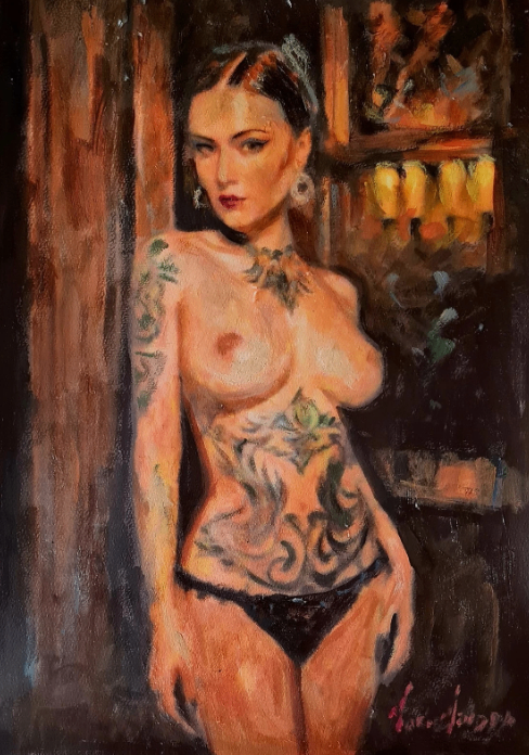 ORIGINAL MARIO MENDOZA FEMALE WOMAN OIL PAINTING ART TATOO FANTASY GOTHIC NUDE