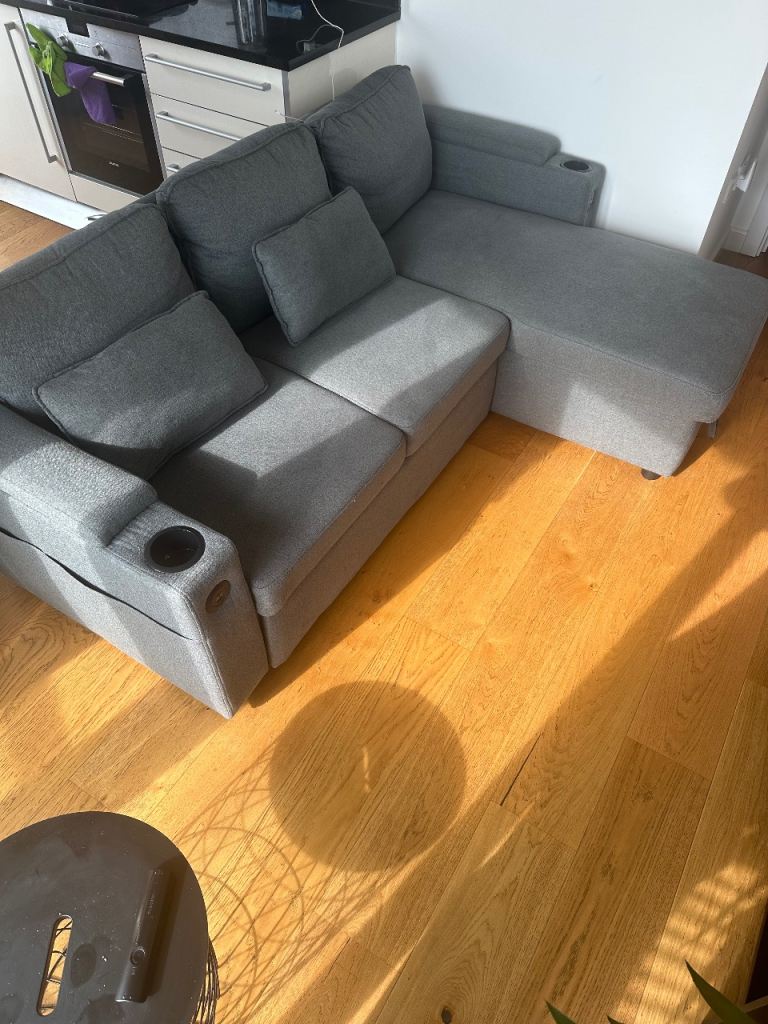 Grey Corner Sofa with Chaise and USB Ports – Good Condition