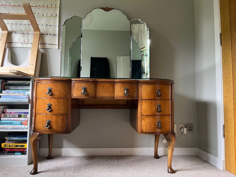 Vintage Wooden Dressing Table with Triple Mirror
