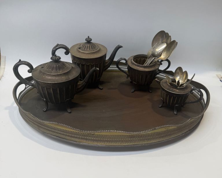 Vintage Metal Tea Set with Tray and Spoons