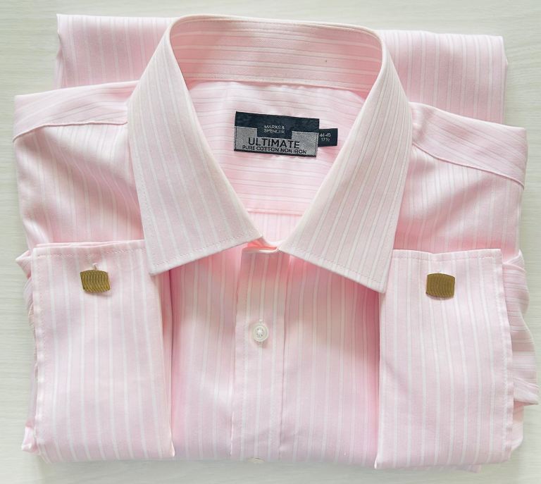 M&S Ultimate Cotton Non-Iron Shirt-17.5” Collar-Double Cuff + Gold Cufflinks. 