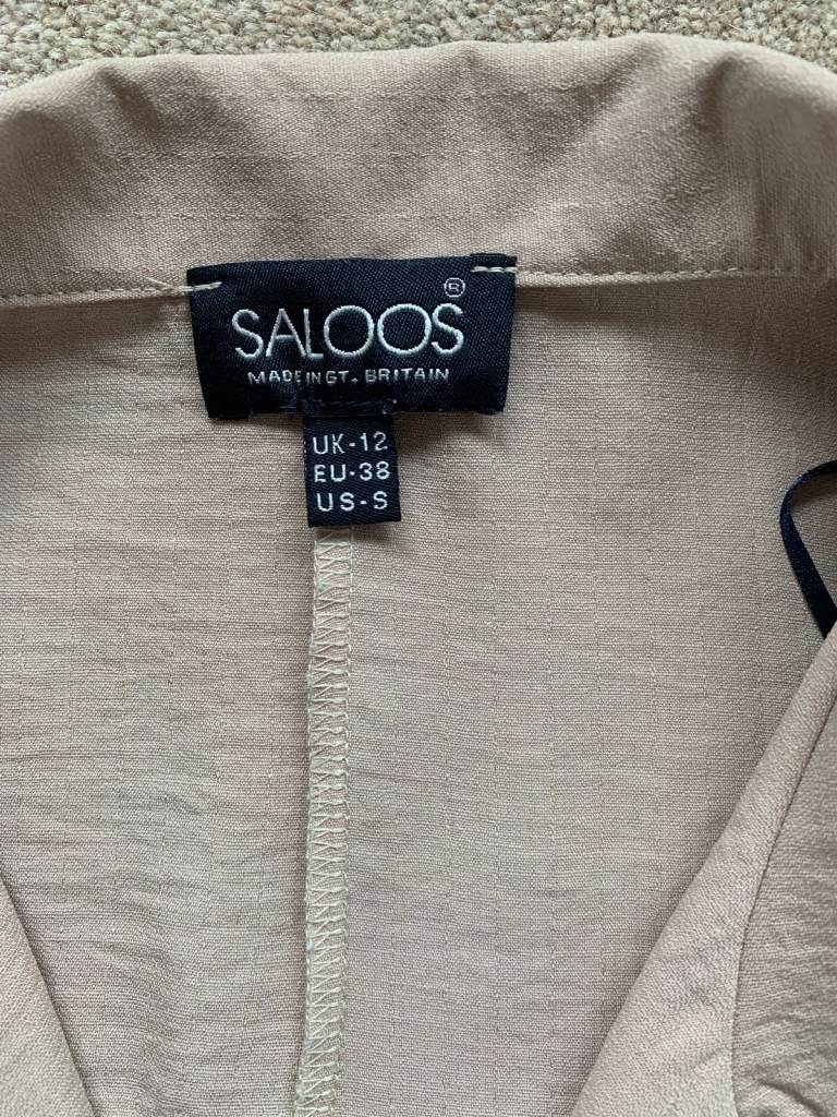 Saloos Plain Beige V-neck short Sleeve Buttoned Blouse Front Pintuck UK size 12