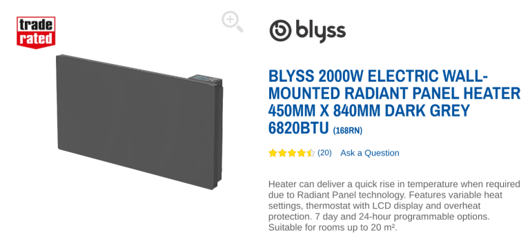 New Open Box Blyss 2000W Electric Wall-Mounted Radiant Panel Heater Dark Grey (2 available)