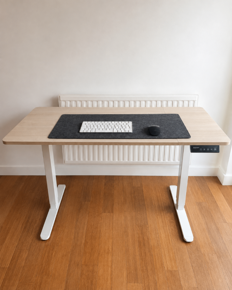 Light Wood Adjustable Standing Desk with White Frame