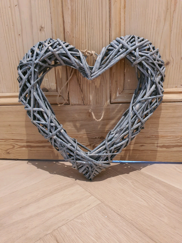 Heart shape wicker straw wood ornament shabby chic 