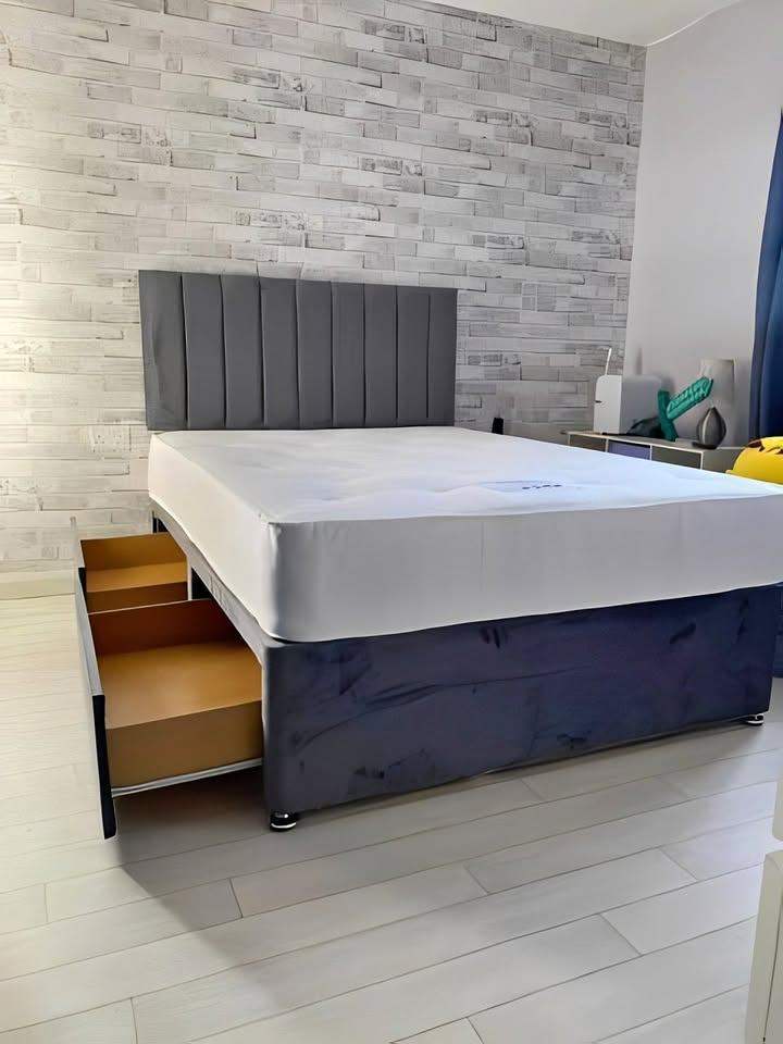 Grey Panel Double Divan bed with storage drawers and mattress available 