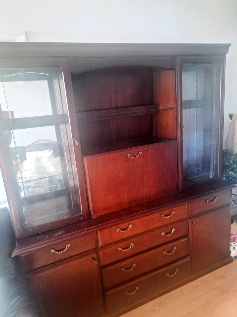 Large Wooden Sideboard with Glass Display Cabinets – Good Condition