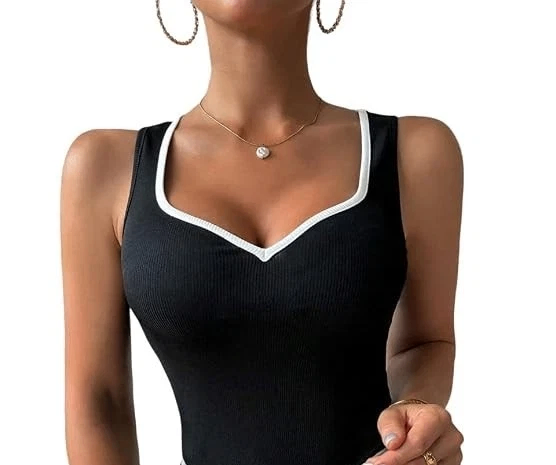 New Black Ribbed Summer Vest Tank Top White Trim Dipped Neckline. Size 14.POST OR COLLECT!