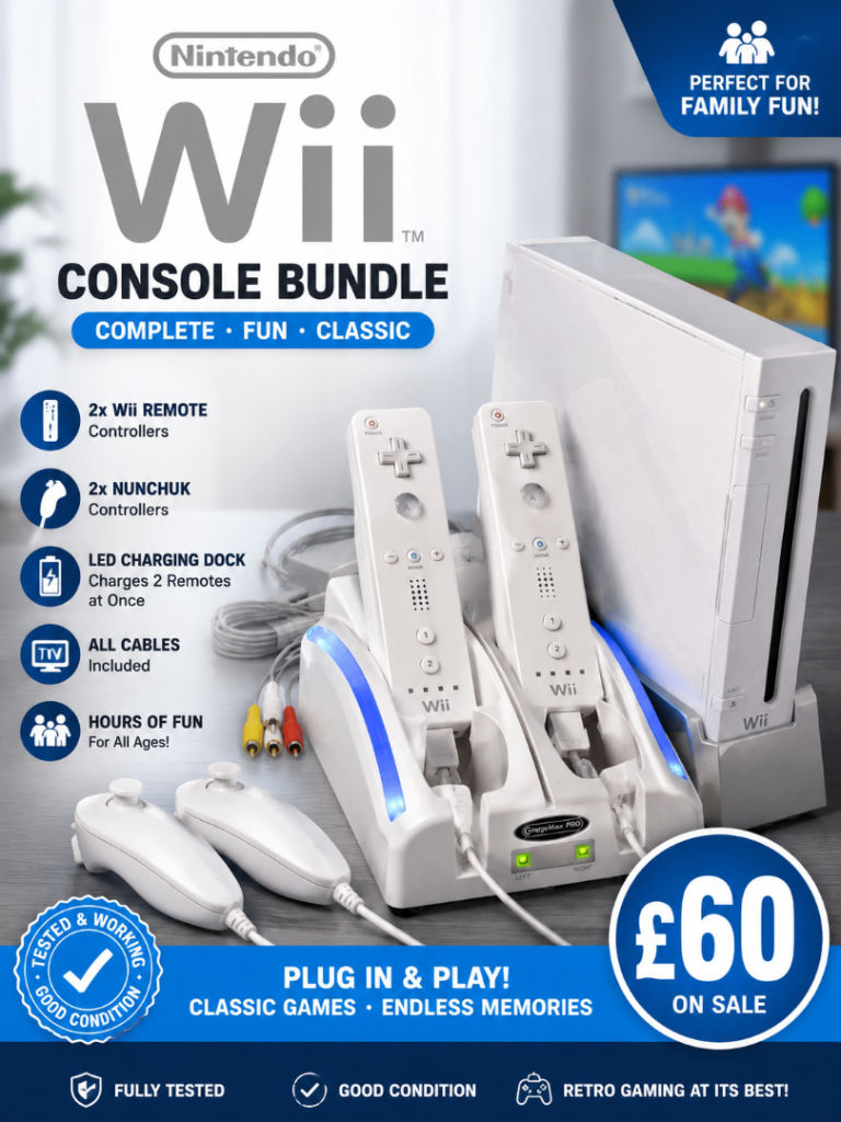 Nintendo Wii Console Bundle with LED Charging Dock & Accessories