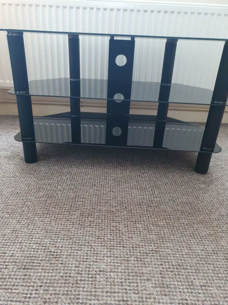 Black Glass TV Stand with Shelves – Good Condition