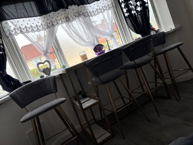 Set of 3 Grey Fabric Bar Stools with Gold Legs
