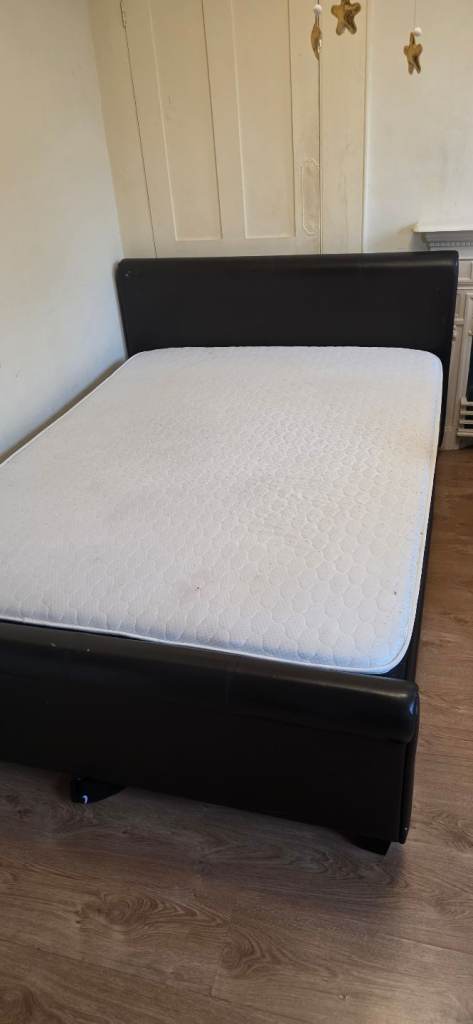 Double Bed with Mattress – Black Faux Leather, Good Condition