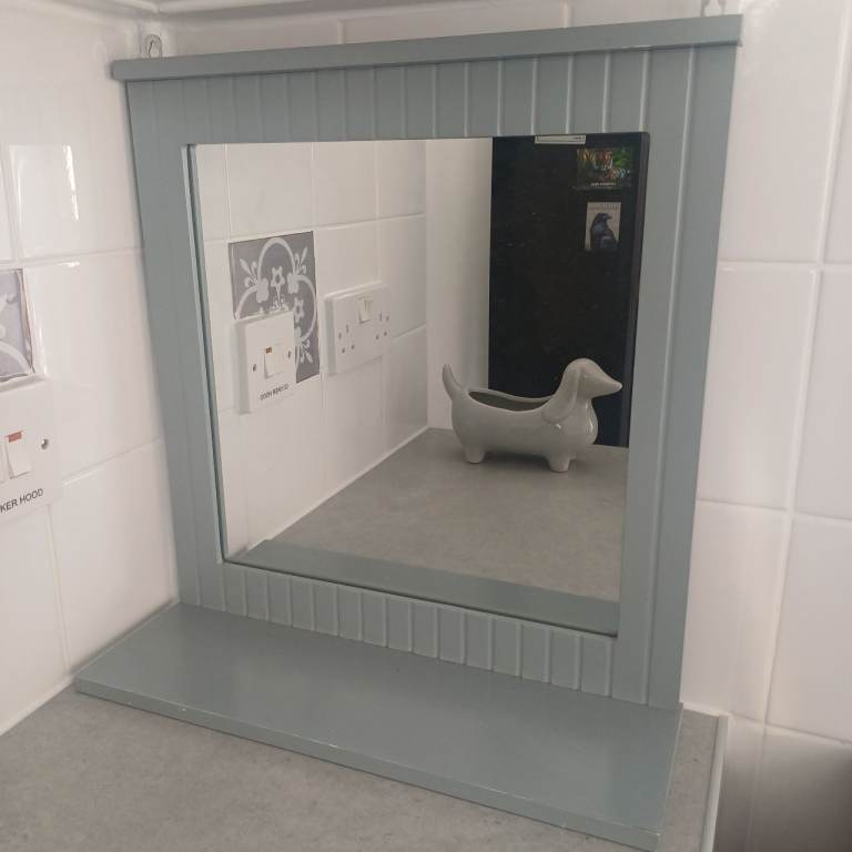 Stylish Grey Wooden Wall Mirror with Shelf – Good Condition