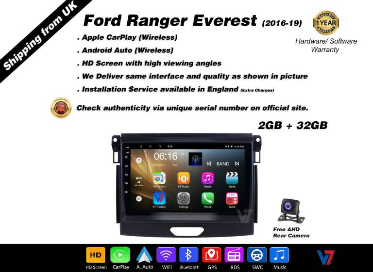 Ford Ranger Everest 2016-19 CARPLAY Android Auto HD Screen Head Unit GPS Stereo LCD Panel V7