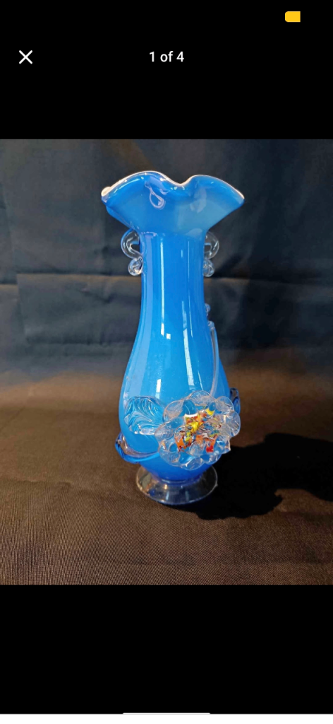 Chinese Plum Blossom in Murano/Tivoli Style Vase - c 1960-1970  Blue Glass