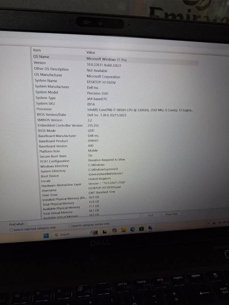 Dell Precision 3541,15 Inch ,Intel Core i7,  16GB RAM ,477GB SSD ,W11 Pro