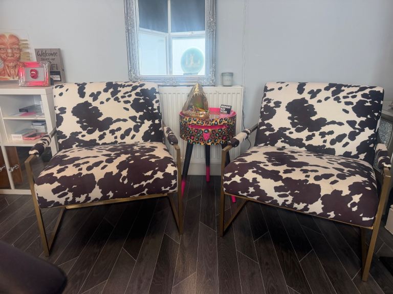 Pair of Cow Print Armchairs with Gold Frames – Good Condition