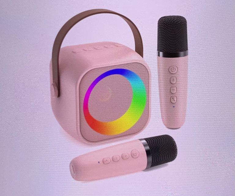 New Pink Karaoke Machine with Two Microphones and RGB Lights