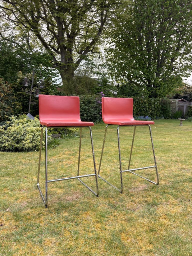 2 x Orange Leather Bar Stools 