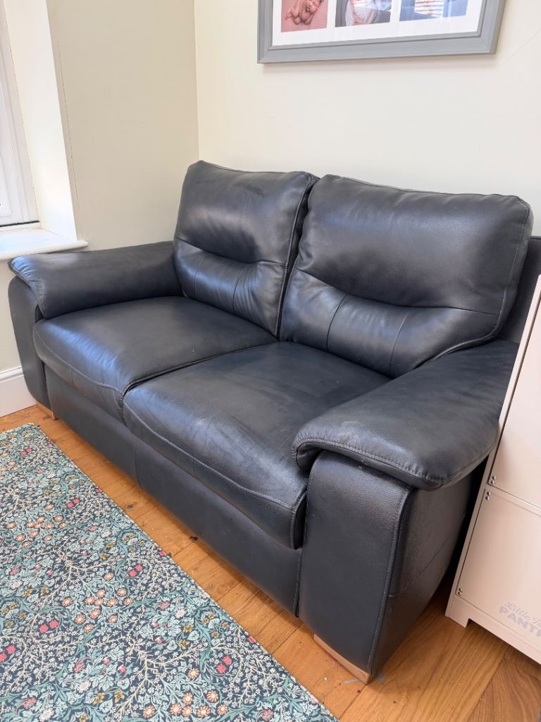 Navy Leather Two-Seater Sofa – Good Condition